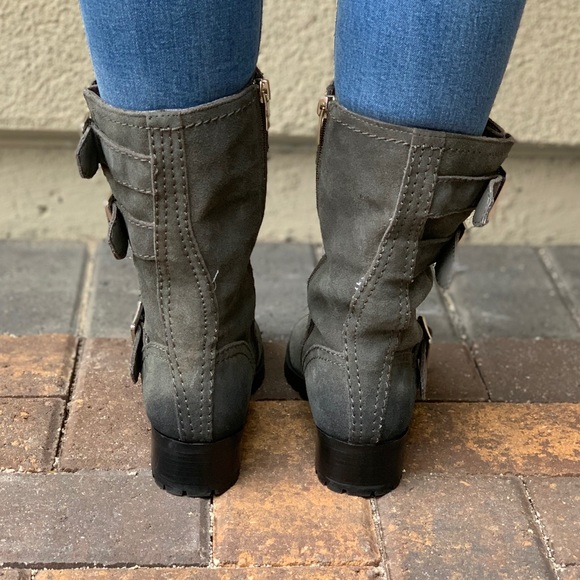 Charcoal Gray Distressed Suede Combat Moto Boots - Picture 5 of 7